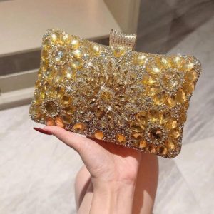 Luxurious Shiny Sunflower Rhinestone Clutch Bag – Box Evening Bag for Party, Wedding, Prom & Formal Events