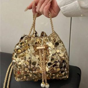 DIVINE Women’s Shiny Gold Sequin Bucket Bag – Beaded Drawstring Shoulder Purse for Parties & Weddings